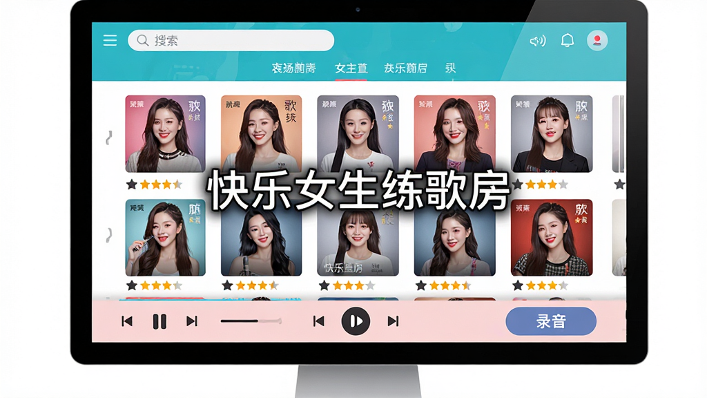 图片展示快乐女生练歌房主界面,主体为软件在电脑屏幕上的运行画面,布局上方是搜索栏与导航标签,中间为歌曲列表封面墙,下方为播放控制区与录音按钮,风格为现代扁平化UI设计,色彩明亮活泼,细节展示歌曲封面缩略图与评分星标,画质清晰干净,无多余元素,屏幕中央显示“快乐女生练歌房”字样