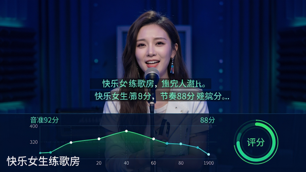 图片展示快乐女生练歌房演唱评分界面,主体为全屏演唱画面,布局中间为歌词滚动字幕,下方为实时音准曲线与评分圆环,风格为科技感深蓝背景搭配荧光绿数据线条,细节显示“音准92分”“节奏88分”等字样,画质高清新锐,无多余元素,左下角标注“快乐女生练歌房”水印