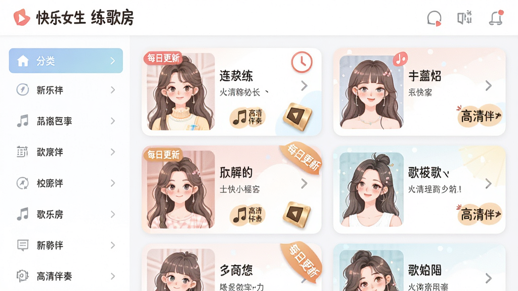 图片展示快乐女生练歌房曲库浏览页面,主体为歌曲列表界面,布局左侧为分类筛选栏,右侧为歌曲卡片列表,每张卡片显示歌名与歌手头像,风格为清新插画风,色彩柔和,细节突出“每日更新”标签与“高清伴奏”图标,画质干净明亮,无多余元素,界面顶部显示“快乐女生练歌房”字样