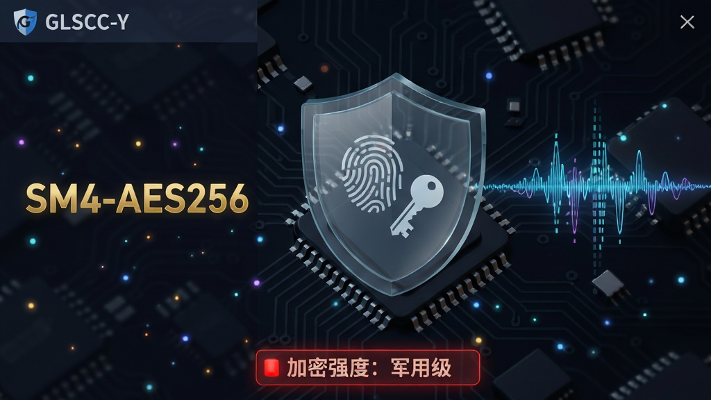画面主体为特工移动硬盘加密软件(GLSCC-Y)的加密引擎界面,左侧显示“SM4-AES256”金色字符,右侧为波形跳动数据流;背景为暗色电路板纹理,中央悬浮一个半透明玻璃盾牌,盾牌内嵌入指纹与钥匙图标;布局采用左右分栏,底部有“加密强度:军用级”红色指示灯;风格为扁平化UI结合赛博朋克光效,细节包含微小芯片引脚与光晕粒子,画质锐利干净,无多余元素