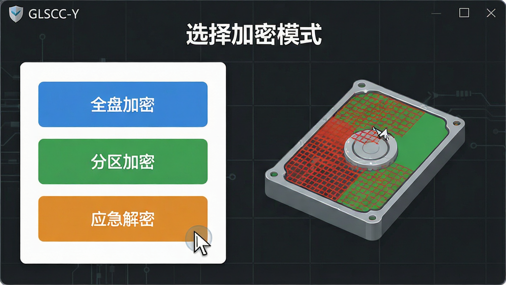 画面主体为特工移动硬盘加密软件(GLSCC-Y)的加密模式选择界面,左侧列出“全盘加密”“分区加密”“应急解密”三个彩色按钮,右侧显示一个硬盘剖面图,加密区域用红色网格覆盖,未加密区域为绿色;背景为深灰科技网格,中央有“选择加密模式”白色标题;布局采用卡片式排列,风格为现代扁平化,细节包含鼠标指针悬停高亮效果,画质干净无多余元素
