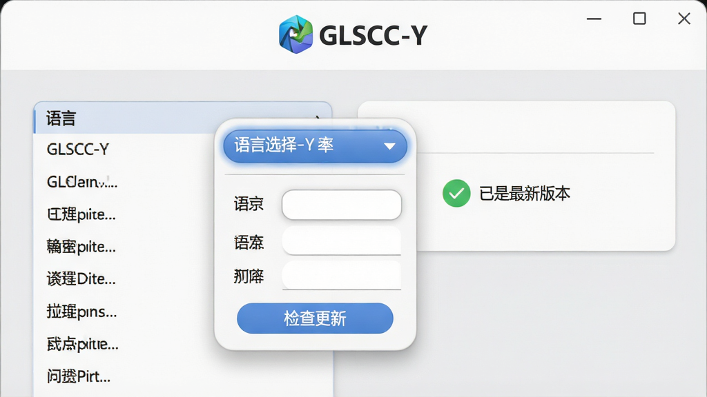 画面主体为特工移动硬盘加密软件(GLSCC-Y)的语言选择下拉菜单与“检查更新”按钮,背景为浅灰色设置界面,左侧有语言列表,右侧显示“已是最新版本”绿色对勾;布局为简洁表单形式,顶部有软件Logo;风格为清爽UI设计,细节包含圆角输入框与柔和阴影,画质干净无多余元素