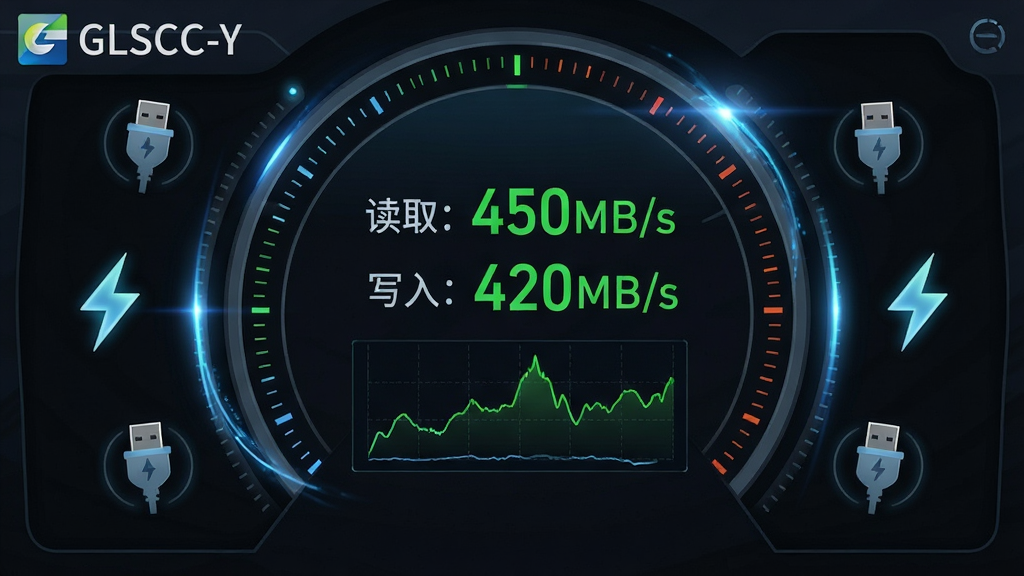 画面主体为特工移动硬盘加密软件(GLSCC-Y)的传输速度监控面板,显示“读取:450MB/s”与“写入:420MB/s”绿色数字,下方为实时折线图;背景为深色仪表盘风格,周围环绕USB插头与闪电图标;布局为中央仪表盘环形,左上角有软件名称水印;风格为科技感HUD界面,细节包含动态光效与微小刻度线,画质清晰干净,无多余杂物