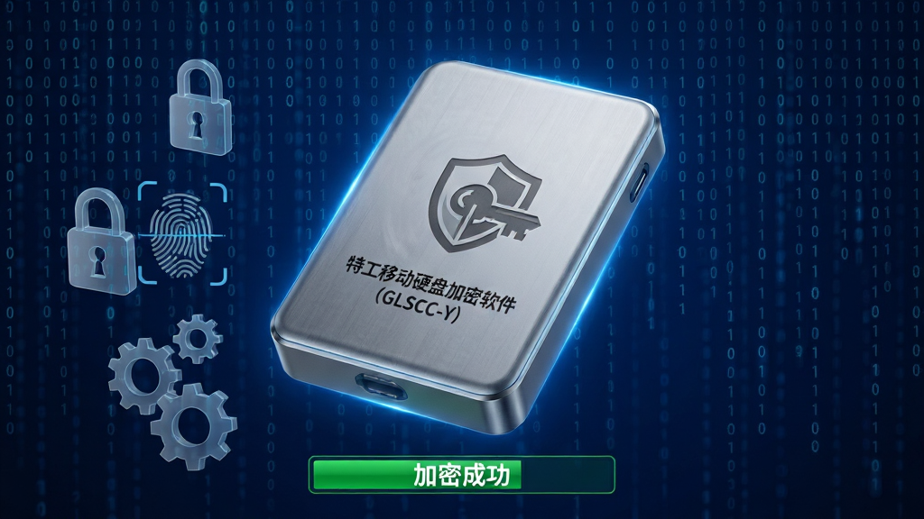 画面主体为一块银灰色移动硬盘悬浮在蓝色科技光效中央,硬盘表面印有盾牌与钥匙组合图标,并标注“特工移动硬盘加密软件(GLSCC-Y)”字样;背景为深蓝色数字代码雨与二进制流,左侧浮动着加密锁、指纹、齿轮等半透明元素;布局采用中心对称,硬盘下方有“加密成功”绿色状态条;整体风格为科技感3D渲染,细节包含金属拉丝纹理与微距发光边缘,画质高清干净,无多余杂物
