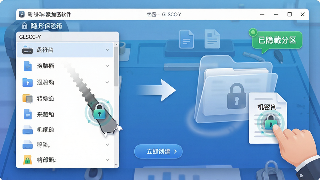 画面主体为特工移动硬盘加密软件(GLSCC-Y)的“隐形保险箱”创建向导截图,左侧为移动硬盘盘符列表,右侧显示一个半透明锁头文件夹图标,正在拖入机密文档;背景为渐变蓝色工作台,带有“已隐藏分区”绿色提示气泡;布局为左右结构,中央箭头指向“立即创建”按钮;风格为清晰UI插画风,细节包含文件拖拽轨迹与安全锁动画,画质干净明亮,无多余杂物