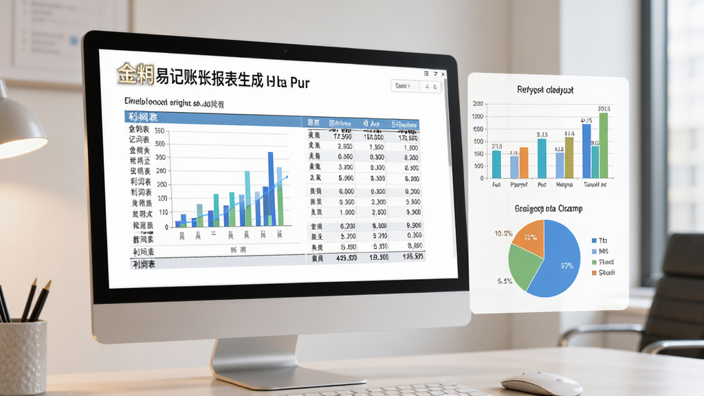展示金蝶易记账报表生成结果的场景,电脑屏幕中正展示一份样式标准的利润表图表,旁边配有柱状图与饼图的可视化分析。整体构图以屏幕显示为主,结合柔和的光线,背景简洁,风格商务且现代,色彩清晰,强调数据可视化带来的直观清晰感,画质细腻,无其余杂物