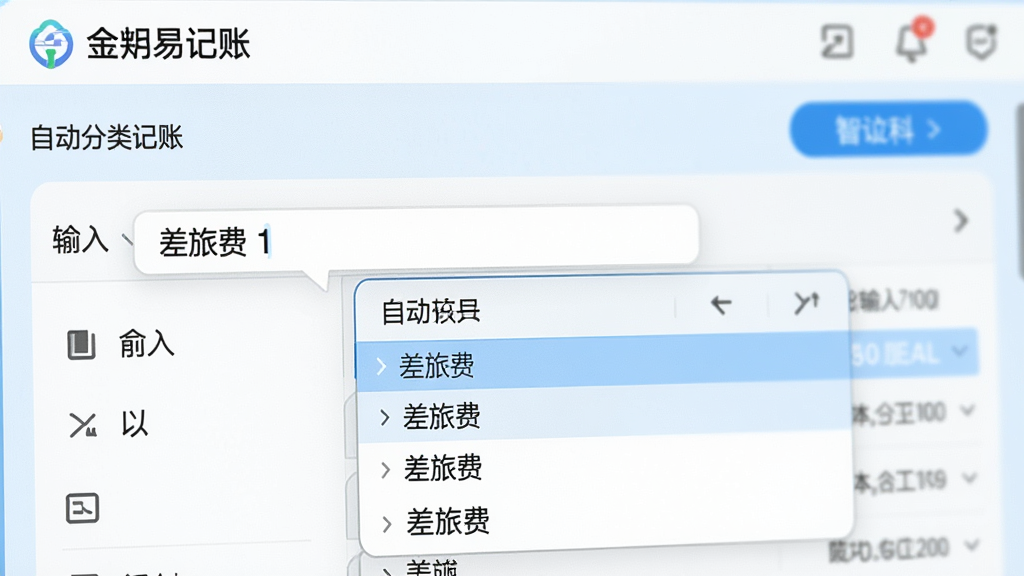 一张金蝶易记账软件功能的特写截图,焦点在智能记账的自动分类功能上,界面展示输入“差旅费”后,系统自动弹出推荐会计科目并高亮显示。图片以产品界面为主体,排版整洁,采用扁平化设计风格,配色以浅蓝和白色为主,强调智能识别与自动化的流畅体验,画质清晰干净,没有多余的水印和文字