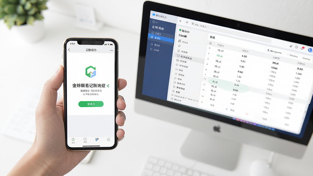 一张金蝶易记账手机端与电脑端同时打开的操作场景俯视图,手机被握在手中,屏幕清晰展示记账成功后的提示界面,电脑在一旁显示同步后的数据变化。整体画面明亮,风格写实,强调移动办公与多端协同的方便快捷,构图干净明了,画质高清,无多余元素