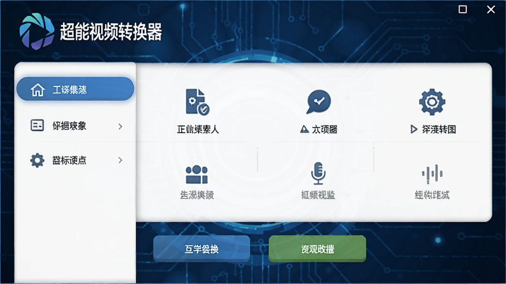 超能视频转换器主界面截图,显示软件logo和功能菜单,背景为深蓝色科技感风格,操作按钮清晰可见,画质清晰,干净无多余元素