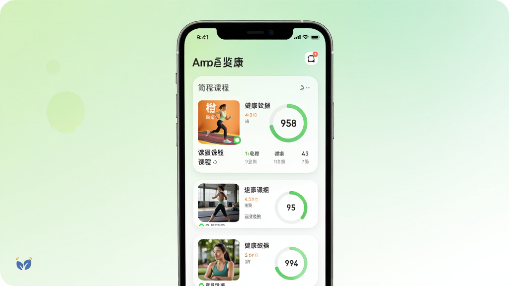 ���app������Ԥ����չʾ�γ��б��뽡�����ݿ��壬����Ϊ�ֻ��������棬����Ϊ��͵�ǳ��ɫ���ɫ���䣬�Ű���ÿ�Ƭʽ���֣�����ִ���Լ��ϸ�ڰ����γ̷�������ͼ���˶������������ʸ���ɾ��޶���Ԫ��