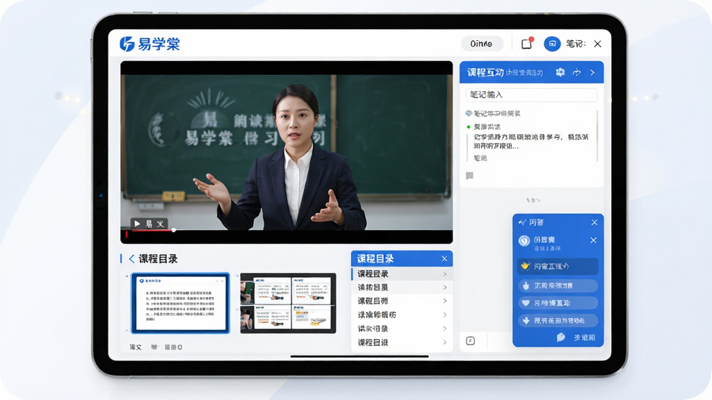 易学棠课程播放页面概念图,画面主体为平板电脑横屏展示,屏幕上是名师授课视频画面,视频窗口下方有讲义幻灯片缩略图与课程目录列表,右侧有笔记输入区域与问答互动弹窗,整体色调以白色和品牌蓝色为主,界面信息层级分明,排版规整,图片画质细腻干净,展现流畅的在线学习体验。