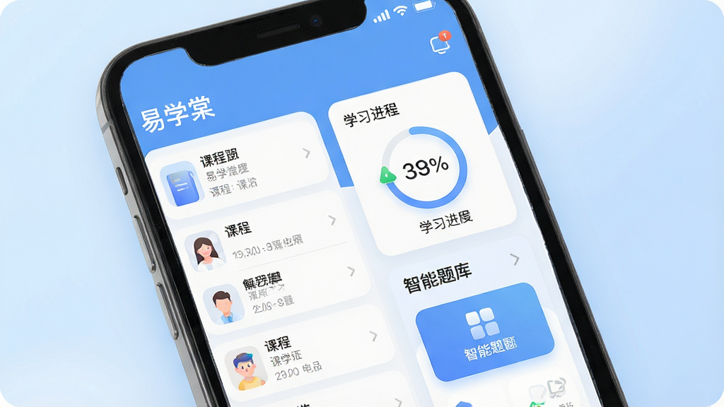 一张展示易学棠应用全貌的预览图,画面主体为一部智能手机屏幕特写,屏幕内清晰显示易学棠主界面,包含课程列表、学习进度环、智能题库入口等模块,背景为柔和的浅蓝色渐变,界面布局扁平化、现代感强,采用卡片式设计,图标圆润精致,整体画质高清干净,无多余杂物,突出学习平台的专业与专注氛围。
