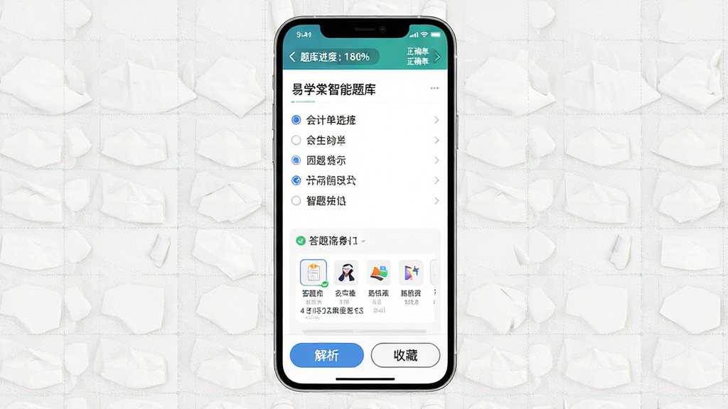 易学棠智能题库做题界面效果图,画面主体为手机竖屏显示,屏幕上是会计单选题作答界面,选项下方有答题卡区域,底部有解析按钮与收藏按钮,顶部状态栏显示题库进度与正确率,界面背景有细微的网格纹理,功能按钮色彩鲜明,布局简洁直观,画质高清,无多余元素。