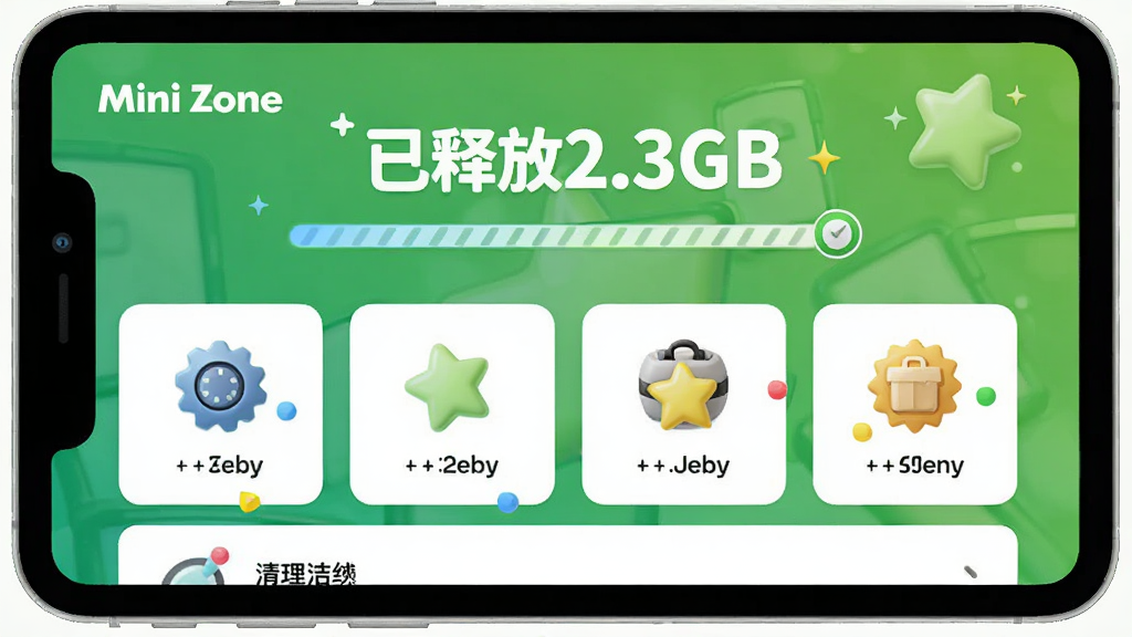 主体为Mini Zone的清理结果页面,显示“已释放2.3GB”字样和几个清理类别图标,背景为绿色渐变,布局列表式,排版整齐,风格活泼,细节有进度条动画,画质干净无多余元素