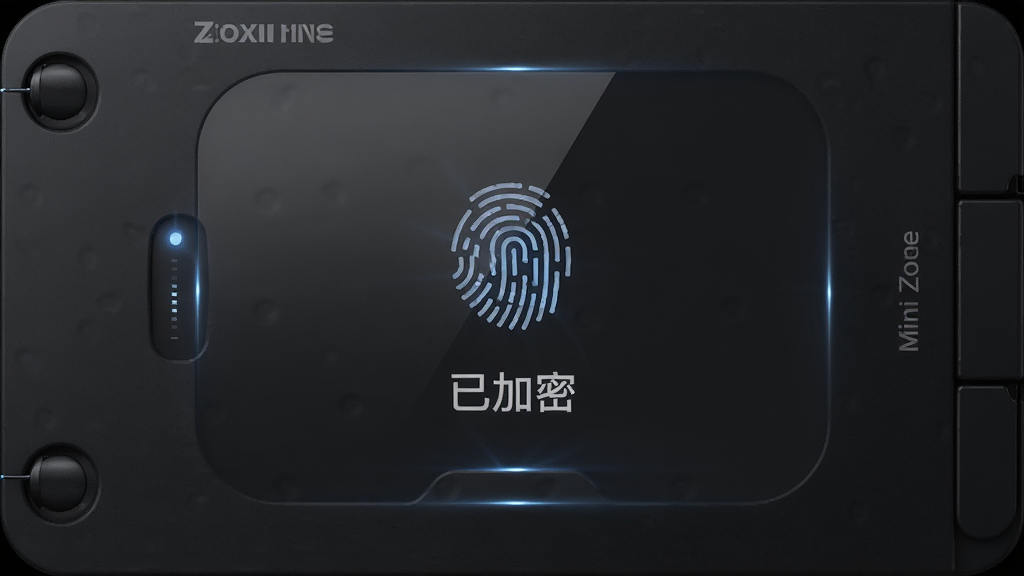 主体为Mini Zone隐私保险库的解锁界面,显示指纹图标和“已加密”字样,背景为深色磨砂纹理,布局居中,排版大气,风格科技感,细节带有光线反射效果,画质高清干净