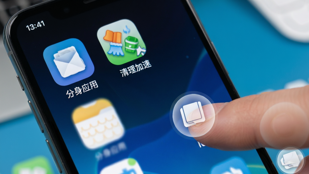 主体为Mini Zone运行在手机上的截图,背景为桌面,显示“分身应用”和“清理加速”图标,布局错落有致,排版自然,风格明亮清晰,细节有手指点击效果,画质干净