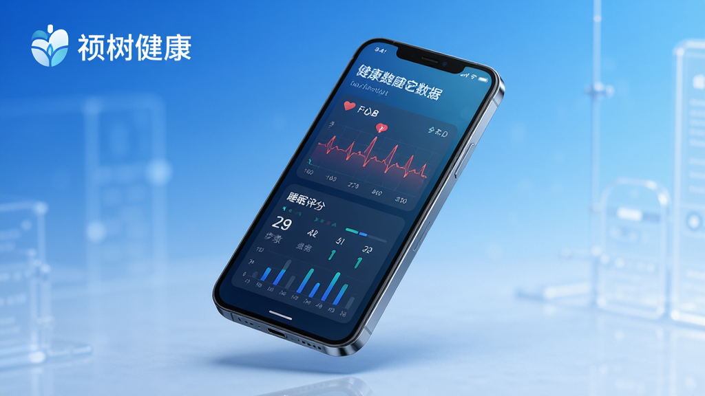 高清数字界面展示“祯树健康”品牌标识,采用蓝色渐变背景,中央悬浮智能手机,屏幕显示健康数据仪表盘,包含心率曲线、步数统计与睡眠评分,界面简洁现代,专业医疗风格,光线柔和,细节丰富,4k画质,干净无多余元素