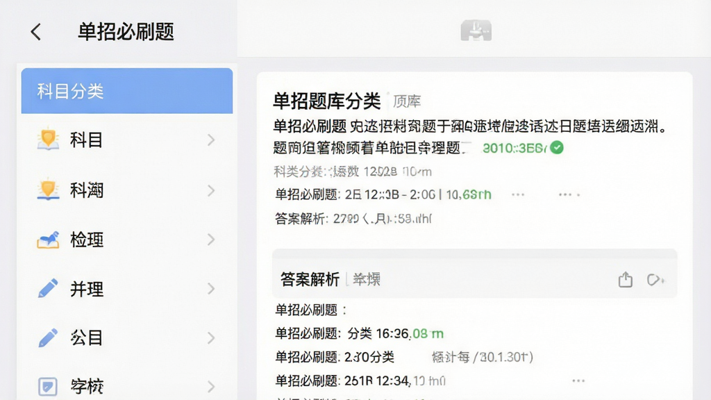 一张展示APP内部题库分类界面的图片,主体为“单招必刷题”应用截图风格,左侧为科目分类列表,右侧显示题目预览和答案解析,背景为浅灰色,界面风格简约现代,排版整齐,文字清晰,画质干净,无多余元素