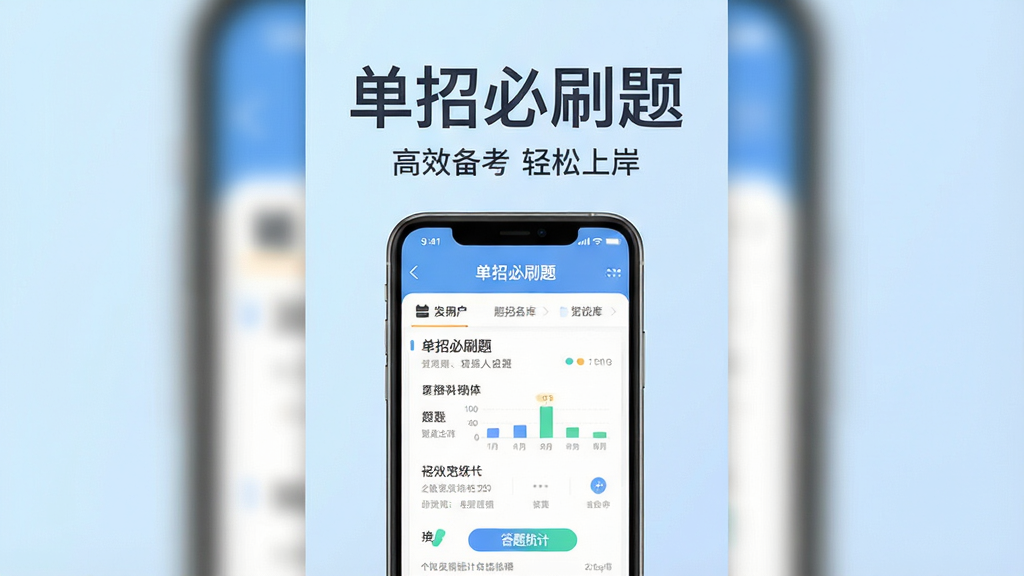 一张竖版海报风格图片,主体为“单招必刷题”APP界面展示,手机屏幕上有题库列表和答题统计图表,背景为淡蓝色渐变,配有“单招必刷题”文字标题和“高效备考 轻松上岸”副标题,整体布局居中,排版干净清爽,扁平化插画风格,细节丰富,画质高清,干净无多余元素