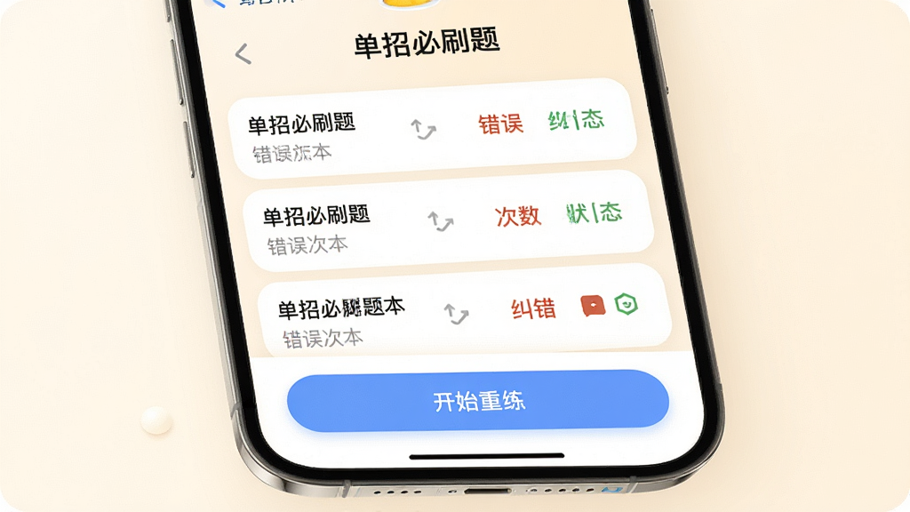 一张手机APP错题本功能预览图,主体为“单招必刷题”界面,列表展示错题题目、错误次数和纠错状态,底部有“开始重练”按钮,背景为暖白色,界面圆润柔和,排版清晰,细节精致,画质高清,无多余元素