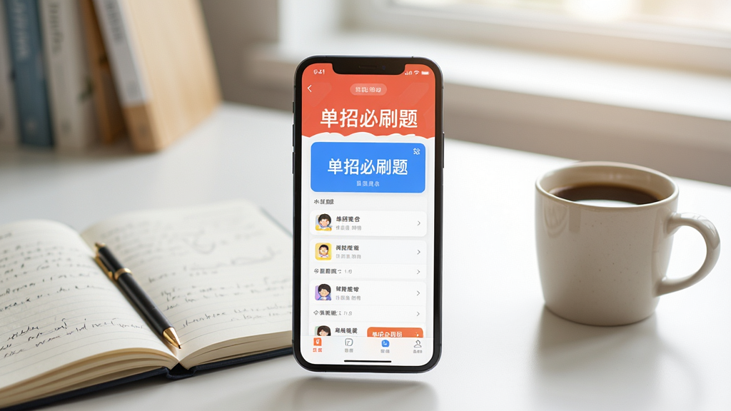 一张手机使用教学场景图,主体为“单招必刷题”APP在手机屏幕上运行,旁边放着笔记本和咖啡杯,背景为书桌,光线明亮,构图居中,摄影风格,细节真实,画质高清,干净无多余元素