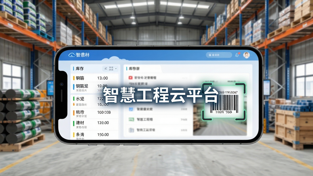 智慧工程云平台物料管理界面在手机上的显示效果图,画面展示钢筋、水泥等建材的库存列表与条形码扫描状态,手机屏幕中央有“智慧工程云平台”文字标识,背景为整洁的工地仓库,风格写实,信息层级分明,画质干净明亮