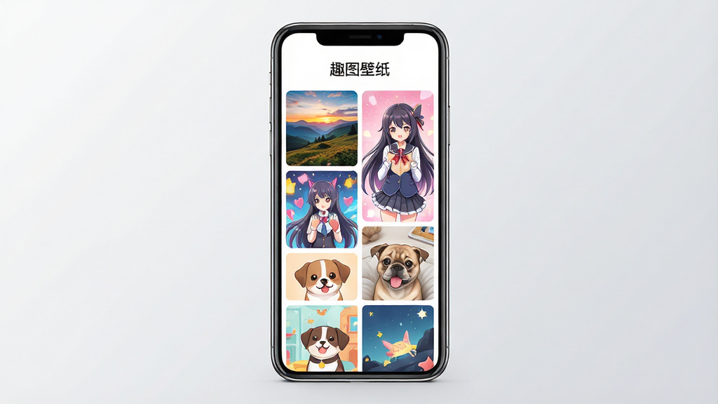 主体:一款名为“趣图壁纸”的手机应用界面展示,手机屏幕中显示多张精美壁纸缩略图,包括风景、动漫、萌宠等分类。布局:手机居中,屏幕内容清晰可见,背景为浅灰色渐变,营造干净整洁的视觉感受。排版:手机竖直放置,屏幕内壁纸以网格状排列,上方显示应用名称“趣图壁纸”字样。风格:现代扁平化设计,色彩鲜艳明亮,注重细节展示。画质:超高清,光影自然,画面干净无多余元素。