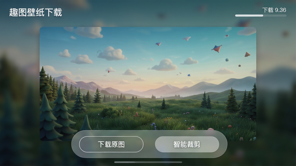 主体:趣图壁纸下载界面,显示一张壁纸预览,底部有“下载原图”和“智能裁剪”两个按钮。布局:壁纸占据屏幕大部分,底部按钮栏半透明悬浮。排版:按钮为圆角矩形,清晰标注功能,右上角显示下载进度。风格:简洁直观,背景虚化处理,突出主体。画质:高清,细节丰富,界面流畅。