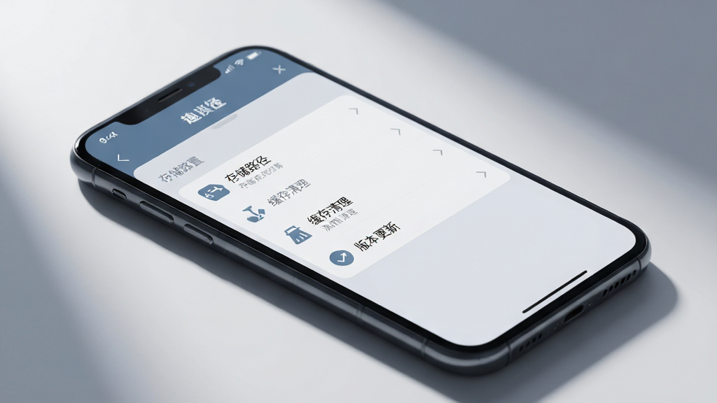 主体:手机屏幕展示趣图壁纸应用设置界面,包含“存储路径”、“缓存清理”、“版本更新”等选项。布局:手机平放,屏幕朝上,周围有柔和的光影。排版:设置列表清晰,每行有图标与文字。风格:简洁商务风,色调以蓝灰为主。画质:高清晰度,细节丰富,无多余元素。