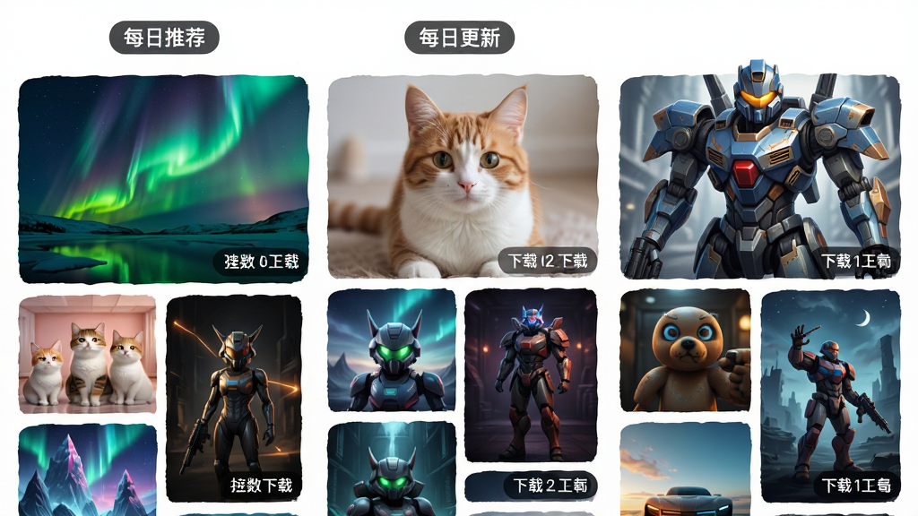 主体:趣图壁纸应用中的“每日更新”板块,展示一组风格各异的壁纸,如极光风景、可爱猫咪、机甲战士等。布局:手机界面竖屏展示,顶部有“每日推荐”标签,下方为瀑布流图片墙。排版:图片大小不一错落有致,每张图片右下角显示下载次数。风格:色彩丰富,充满活力,突出资源多样性。画质:高清细腻,光效自然,构图干净。