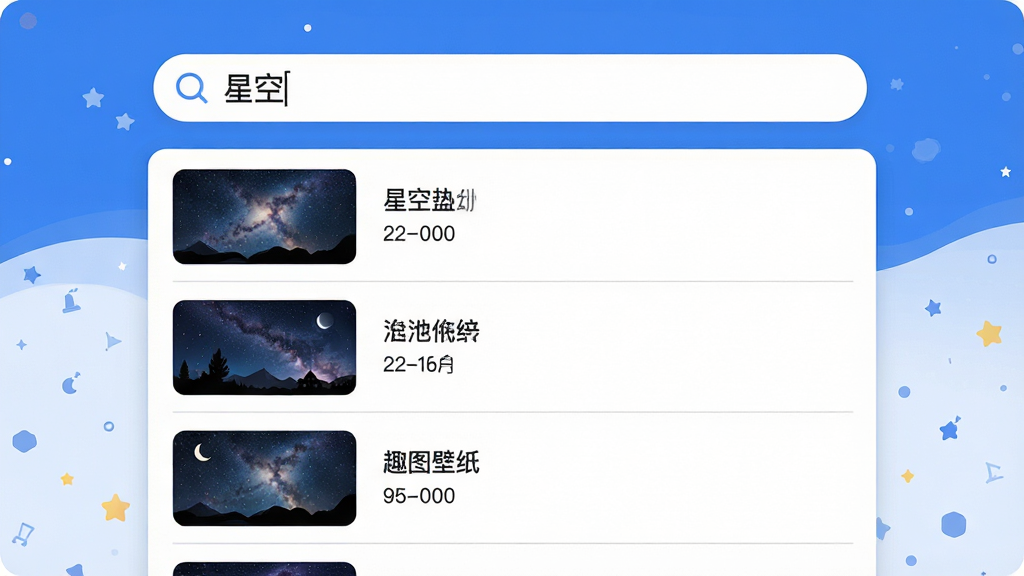 主体:趣图壁纸的搜索界面,搜索框内输入“星空”,下方显示搜索结果,包含多张星空主题壁纸。布局:搜索框位于屏幕上方,结果以列表形式纵向排列,左侧为缩略图,右侧为标题与大小。排版:清晰简洁,搜索框有圆角设计,结果行有浅灰色分割线。风格:现代简洁,蓝白配色为主,突出工具属性。画质:界面锐利,文字清晰,无多余装饰。