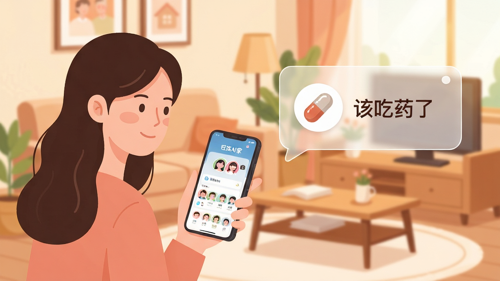 插画风格展示“旺族AI家”的家人关怀功能,画面主体为一位年轻女性拿着手机查看提醒,旁边有虚拟的提醒气泡,气泡内显示药丸图标和“该吃药了”文字,背景是温馨的家庭客厅,有沙发和茶几。布局采用人物居左、气泡居右的平衡构图,排版简洁,色彩柔和偏暖,风格为扁平插画与半透明UI元素结合,细节上手机屏幕可辨认出“旺族AI家”界面和成员头像,画质干净,无多余元素。