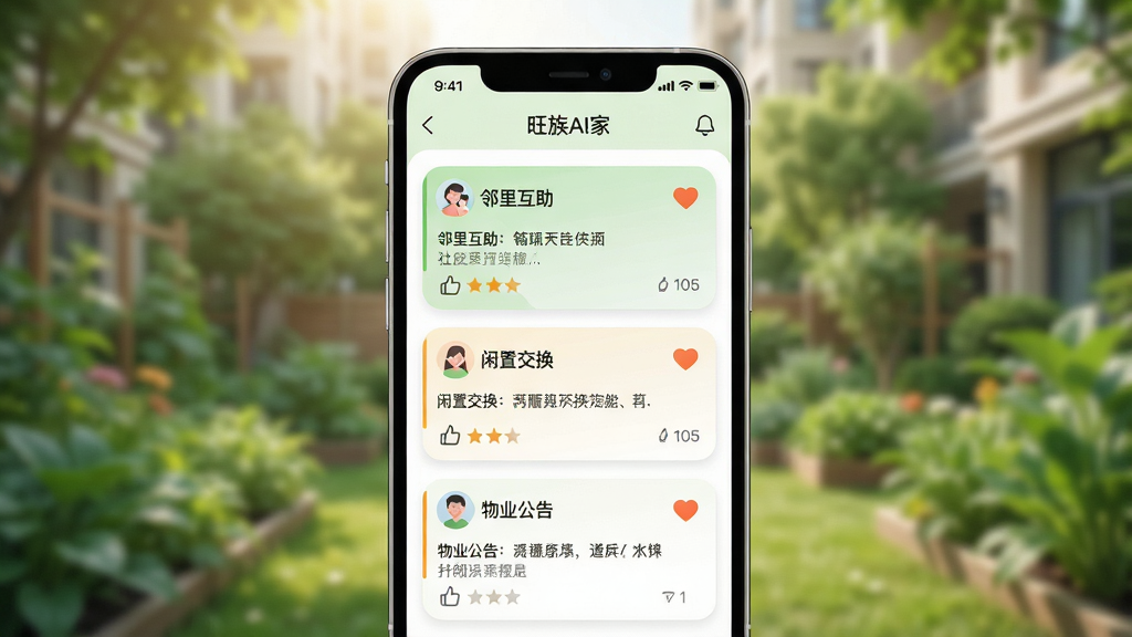 描绘“旺族AI家”社区互动功能的场景,画面主体为手机界面展示社区广场信息流,包含“邻里互助”、“闲置交换”、“物业公告”等卡片,背景是模糊的绿色小区花园。布局手机居中,背景以自然光为主,排版清晰,卡片圆角设计,风格为清新自然结合UI界面,细节上卡片内有用户头像和点赞图标,并显示“旺族AI家”标题栏,画质干净清晰,无多余元素。