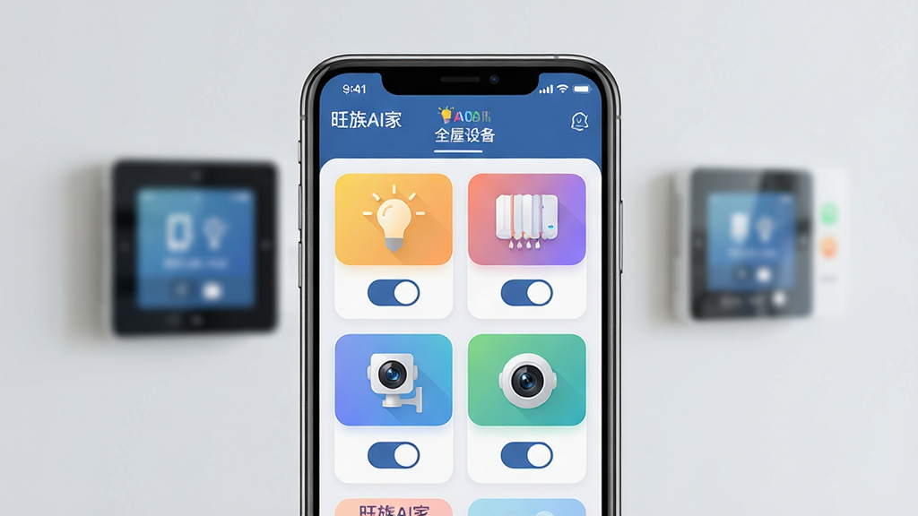 展示“旺族AI家”APP的智能设备控制界面,画面主体为手机屏幕特写,屏幕上以网格形式排列着灯泡、空调、窗帘、摄像头等设备图标,每个图标下方有开关状态按钮。背景为简洁的智能家居环境,墙壁上安装有智能面板。布局采用手机居中、背景虚化,排版规整,图标色彩丰富且区分明显,风格为现代科技感UI设计,细节上屏幕顶部显示“旺族AI家”和“全屋设备”标题,画质干净清晰,无多余元素。