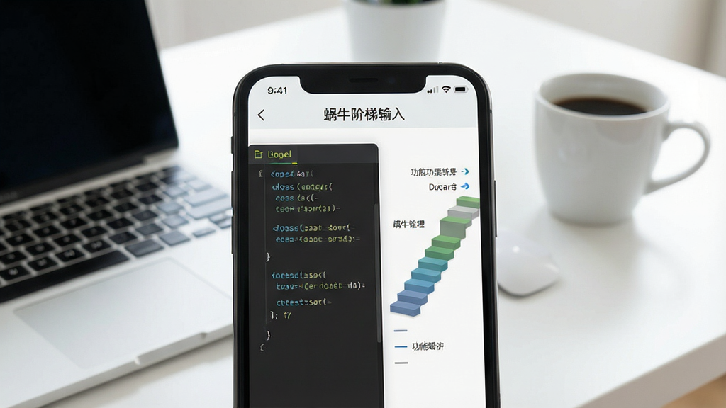 一张智能手机屏幕特写,屏幕内显示“蜗牛阶梯输入”APP的操作界面,界面布局清晰,左侧是代码编辑区,右侧是阶梯状的功能引导栏。背景为现代化的办公桌面,有笔记本电脑和咖啡杯,整体风格明亮简洁,画质干净,无多余元素。