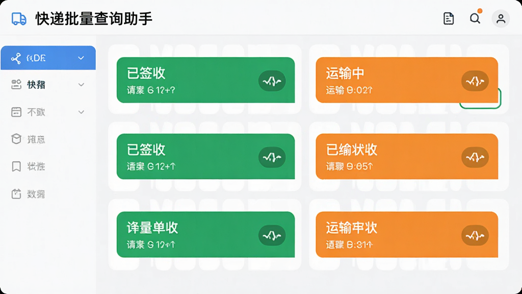 展示“快递批量查询助手”中多个快递单号的不同状态,如已签收、运输中,并用绿色橙色标示,界面背景为浅色,文字清晰,信息结构整齐,画质干净
