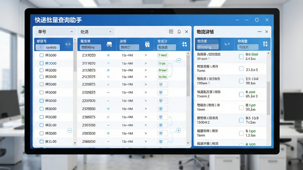 高清画面展示“快递批量查询助手”软件主界面,左侧为单号列表,右侧为物流详情面板,整体设计简洁商务,蓝色科技感主题,界面清晰,干净无多余元素,画质细腻