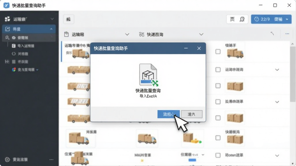 展示“快递批量查询助手”导入Excel文件的操作界面,鼠标点击导入按钮,文件对话框弹出,背景为软件主窗口,包含运输中的快递列表,风格写实,干净明亮
