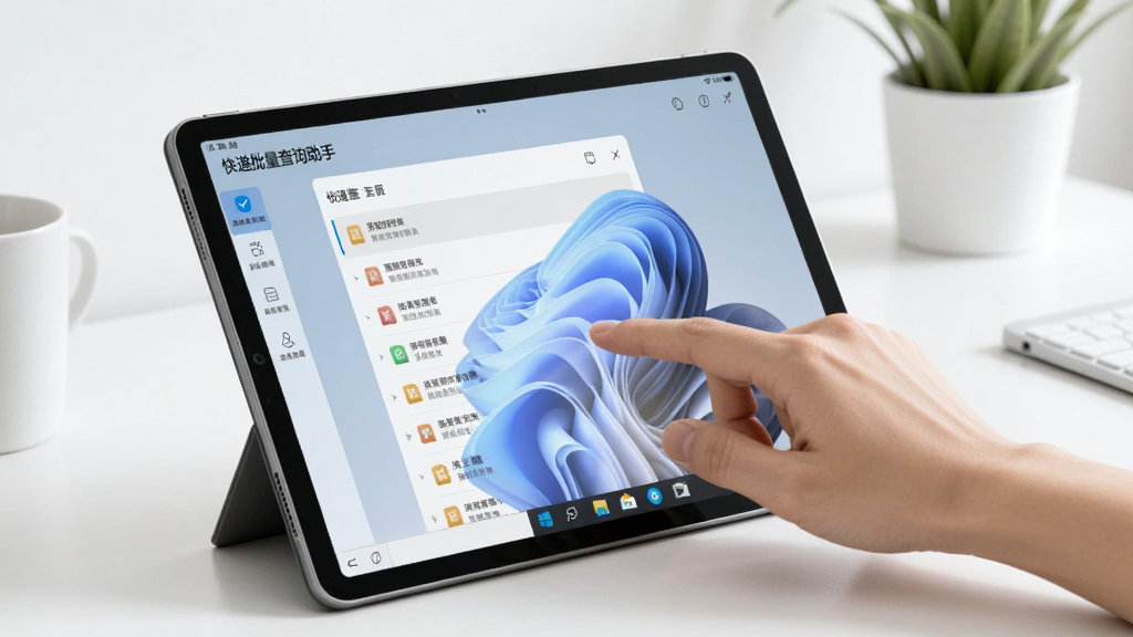 展示“快递批量查询助手”在Windows平板上运行的画面,手指轻触屏幕操作列表,背景为简洁桌面,现代简约风格,画面明亮干净,无多余元素