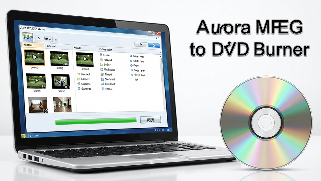 主体:一台运行Aurora MPEG to DVD Burner软件的笔记本电脑,屏幕显示主界面,界面中有视频文件列表和刻录进度条,旁边放着一张已刻录好的DVD光盘。布局:电脑位于画面左侧,光盘位于右侧,中间留白处加入软件名称“Aurora MPEG to DVD Burner”字样。排版:简洁清晰,光线柔和,突出软件界面与光盘实物。风格:科技感,干净明亮,现代数码产品宣传图风格。细节:界面显示视频缩略图与“刻录”按钮,光盘表面有反光。画质:8K超高清,细节丰富,干净,无多余元素。