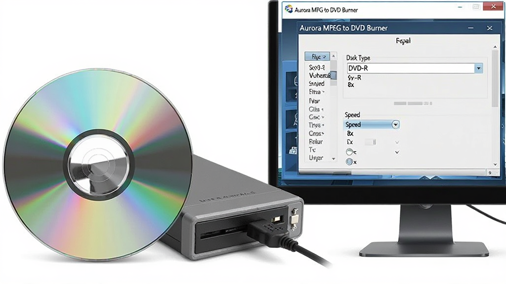 主体:一张DVD光盘和一台外置刻录机,旁边电脑屏幕显示Aurora MPEG to DVD Burner软件的刻录设置界面,包含光盘类型下拉菜单和速度选项。布局:左侧为光盘与刻录机实物,右侧为屏幕界面。排版:实物与屏幕并排,界面文字可辨认为“DVD-R”“8x”等。风格:实物拍摄与屏幕截图结合,商业产品展示风格。细节:光盘表面有彩虹反射光,刻录机有数据线连接电脑。画质:高清晰度,光影自然,干净,无多余元素。