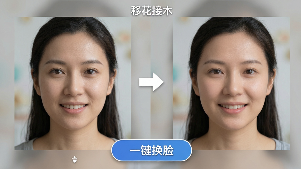 主体:展示软件“移花接木”进行一键换脸操作的前后对比效果图。布局:左右分割构图,左侧是原始照片,右侧是换脸后的合成照片。排版:两张照片并排放置,中间用箭头连接,下方有“一键换脸”的功能按钮演示。风格:写实、直观,突出效果差异。细节:两张照片中的人物表情一致,换脸后的照片边缘融合自然,肤色过渡均匀。画质:高清,人脸细节清晰,无多余元素。