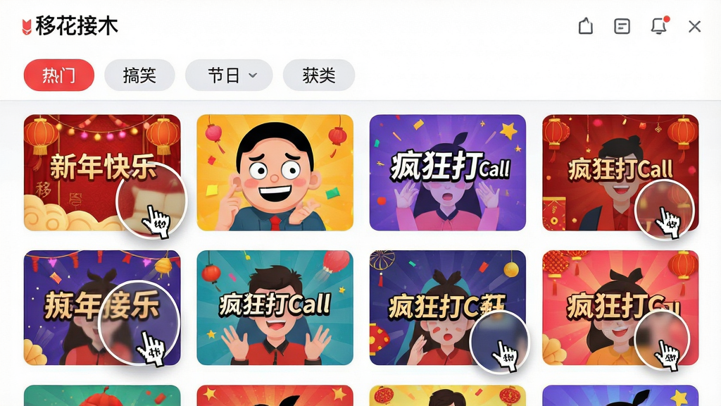 主体:展示“移花接木”软件内置的创意模板库界面。布局:网格状排列,每个模板以缩略图形式展示。排版:界面顶部有分类标签栏,如“热门”、“搞笑”、“节日”等,下方是整齐的模板缩略图矩阵。风格:活泼、多彩,有吸引力。细节:缩略图上有模板主题文字,如“新年快乐”、“疯狂打Call”,鼠标悬停时有放大效果。画质:高清,界面干净,无多余元素。