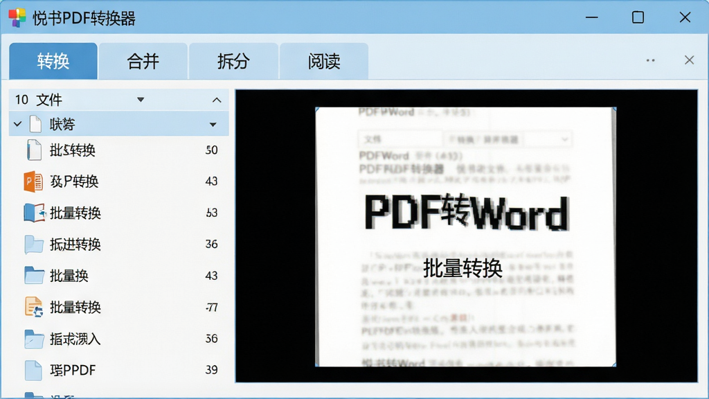 一张高清产品展示图,主体为“悦书PDF转换器”软件界面截图,布局清晰展示上方功能选项卡(转换、合并、拆分、阅读),左侧文件列表,右侧预览窗口,整体风格扁平化,浅蓝色主色调,干净无多余元素,画质清晰,界面文字如“PDF转Word”“批量转换”清晰可见,图片比例为16:9,无任何水印。