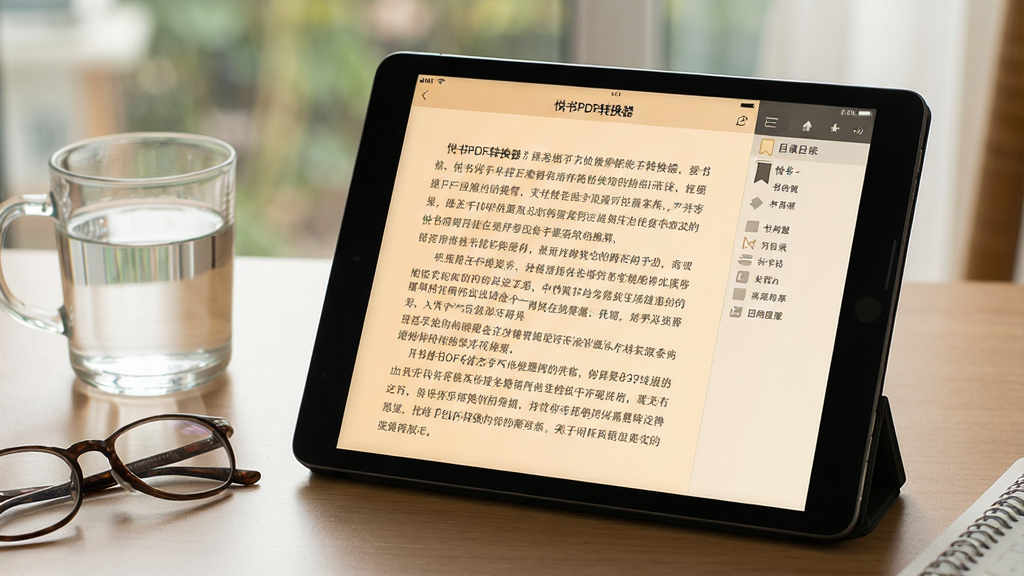 一张电子书阅读场景图,主体为平板电脑上运行“悦书PDF转换器”阅读界面,显示柔和的护眼模式背景,页面文字清晰,界面右侧有书签和目录工具栏,周围摆有水杯和眼镜,风格温馨写实,画质高清。