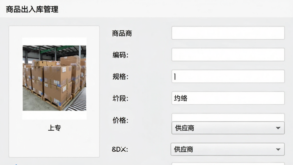 主体为商品出入库管理软件的商品详情编辑界面,展示商品图片、编码、规格、价格等字段。布局为表单形式,左侧为商品图片上传区,右侧为详细的属性填写区域。排版整齐,标签文字左对齐。风格为简洁的商务风格,界面以浅灰色为底色,输入框为白色。细节处显示“供应商”下拉菜单选项。画质清晰干净,无多余元素。