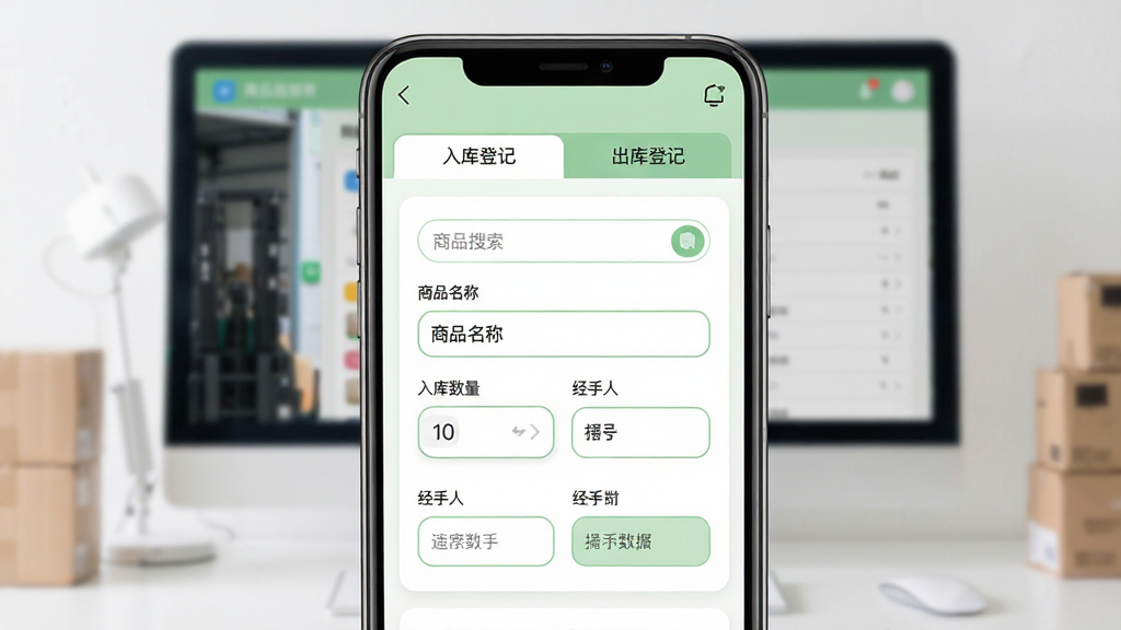 主体为商品出入库管理软件的手机端或电脑端操作表单页面,显示“入库登记”和“出库登记”两个选项卡。布局为居中卡片式设计,表单上方有商品搜索框,下方为数量输入区域。排版整洁,输入框带有圆角边框。风格为简约的现代UI风,主色调为浅绿色和白色,寓意操作顺畅。细节处显示“商品名称”、“入库数量”、“经手人”等字段。画质干净明亮,无多余元素。