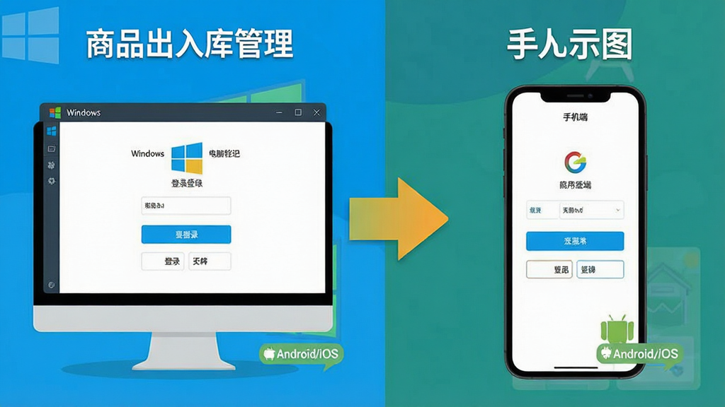主体为一张对比示意图,左侧是电脑端“商品出入库管理”软件的登录界面,右侧是手机端APP的登录界面。布局为左右对称,中间用箭头链接。排版整洁,界面元素清晰。风格为现代扁平化插画风格,色彩明亮。细节处显示“Windows”和“Android/iOS”小标识。画质干净,无多余元素。
