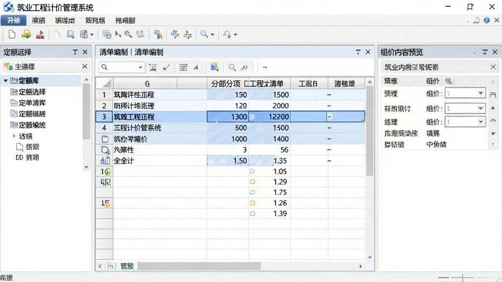主体为软件中“清单编制”操作界面,显示分部分项工程量清单表格,左侧为定额库选择区,右侧为组价内容预览区,表格行具有高亮选中状态,整体风格专业清晰,文字内容为“筑业工程计价管理系统”界面,排版整齐,画质干净,无多余元素