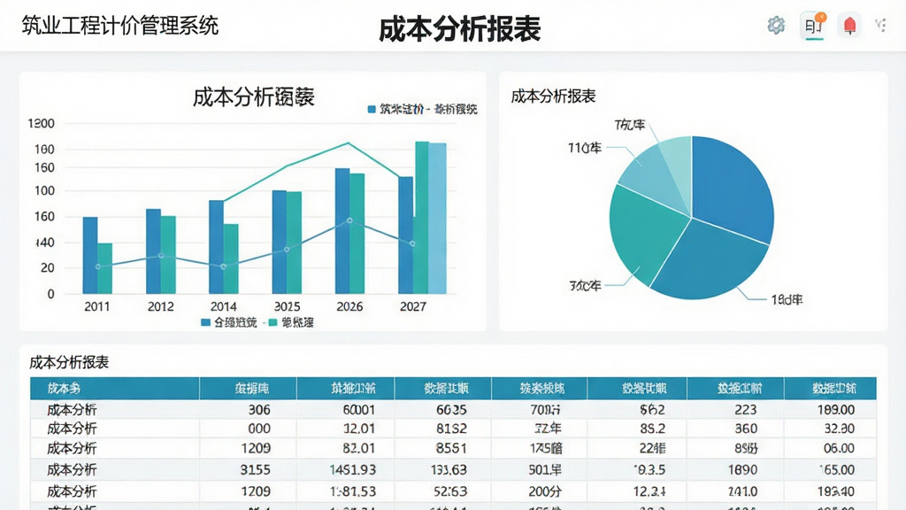 主体为“筑业工程计价管理系统”的成本分析图表展示界面,包含柱状图、饼图及详细数据表格,图表采用蓝绿色系,背景为白色,界面设计现代简洁,文字为“成本分析报表”,细节清晰,画质干净,无多余元素